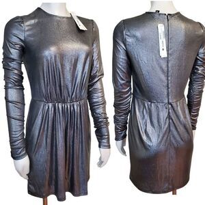 Aqua Silver Liquid Metallic ruched Party Cocktail Dress XS Bloomingdales NEW NWT
